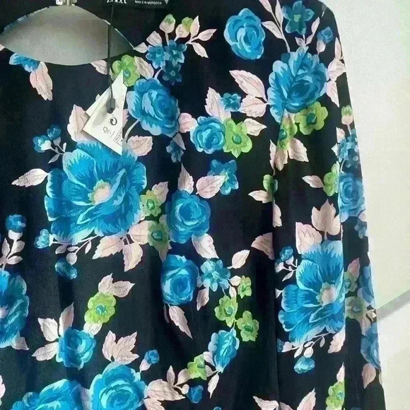 ZARA Floral Open Back Long Sleeve Blue Black  Pink Mini Dress size XS - Picture 9 of 10